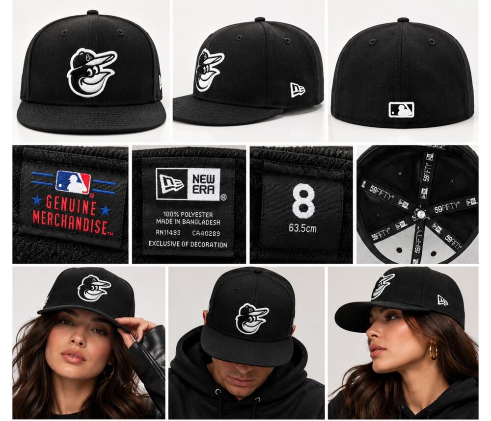 New Era Baltimore Orioles 59FIFTY Fitted Hat Size 8 Black White MLB Cap